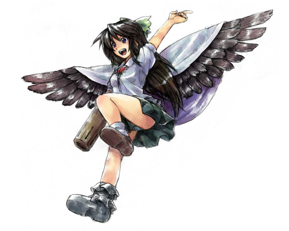 aisora, reiuji utsuho, touhou, bad id, bad pixiv id, 1girl, black hair, black wings, blue eyes, female focus, full body, long hair, panties, pantyshot, ribbon, simple background, skirt, solo, underwear, white background, wings
