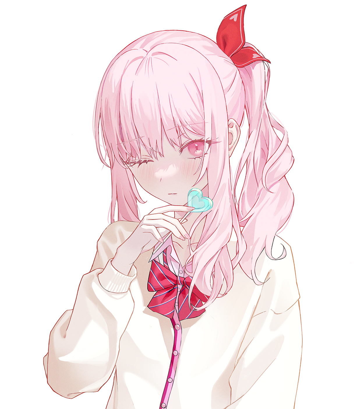 akiyama mizuki, project sekai, commentary, highres, 1other, arm at side, blush, bow, bowtie, candy, cardigan, collarbone, collared shirt, diagonal-striped bow, diagonal-striped bowtie, diagonal-striped clothes, drill hair, drill sidelocks, eyes visible through hair, fingernails, flat chest, food, hair between eyes, hand up, heart, heart-shaped food, heart-shaped lollipop, high side ponytail, holding, holding candy, holding food, holding lollipop, jung2u2023, kamiyama high school uniform (project sekai), lollipop, long hair, long sleeves, looking at viewer, one eye closed, other focus, pale skin, pink eyes, pink hair, puffy long sleeves, puffy sleeves, red bow, red bowtie, school uniform, shaped lollipop, shirt, side drill, side ponytail, sidelocks, simple background, solo, striped bow, striped bowtie, striped clothes, upper body, white background, white shirt, yellow cardigan