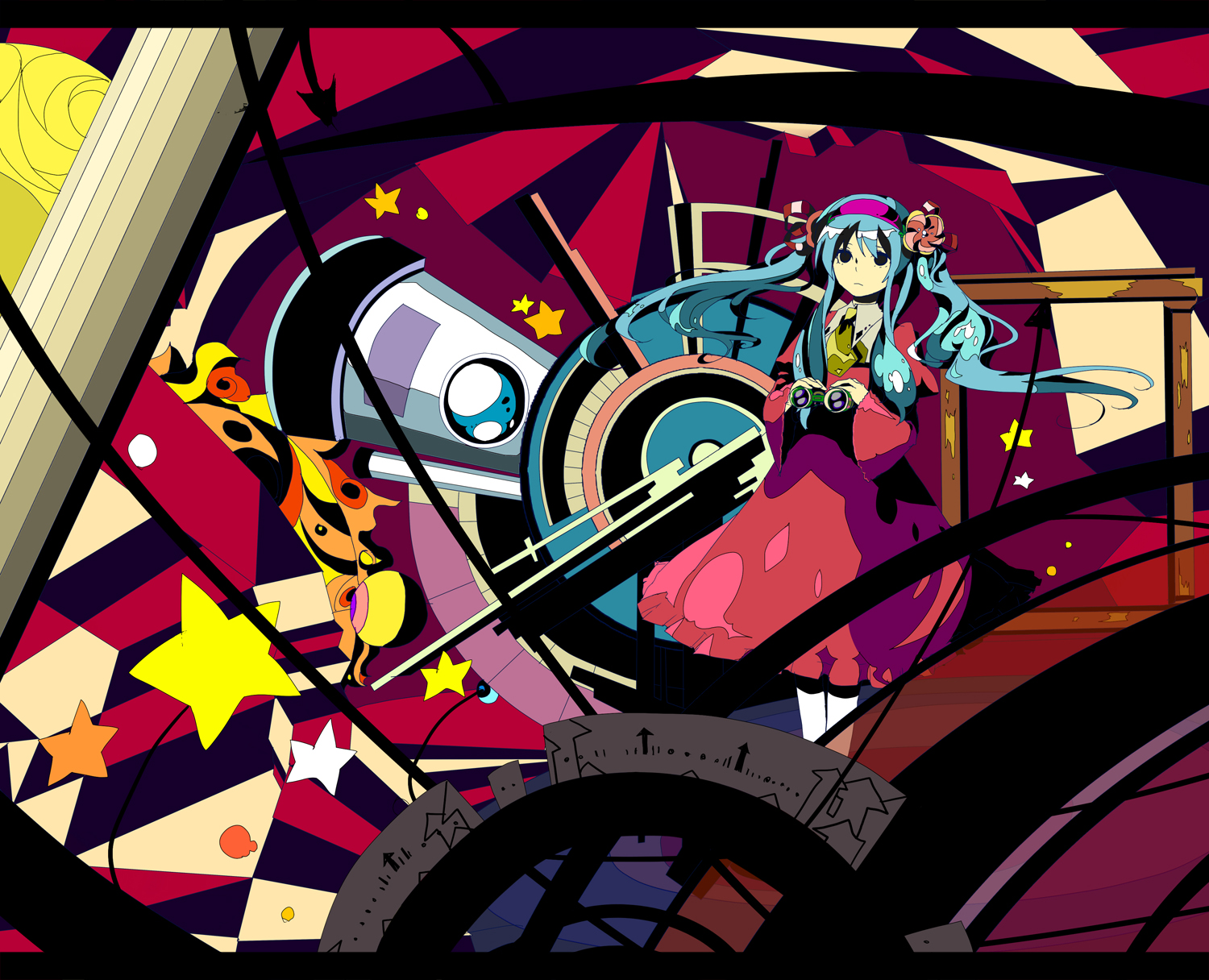 hashimochi, hatsune miku, vocaloid, highres, 1girl, abstract, binoculars, female focus, pop art, solo, star (symbol)