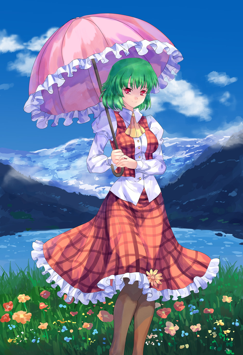 pico (picollector79), kazami yuuka, touhou, bad id, bad pixiv id, highres, 1girl, ascot, day, female focus, flower, grass, green hair, impossible clothes, impossible shirt, lake, landscape, light smile, meadow, mountain, pantyhose, parasol, plaid clothes, plaid skirt, plaid vest, red eyes, see-through clothes, see-through legwear, shirt, short hair, skirt, skirt set, sky, solo, umbrella, vest