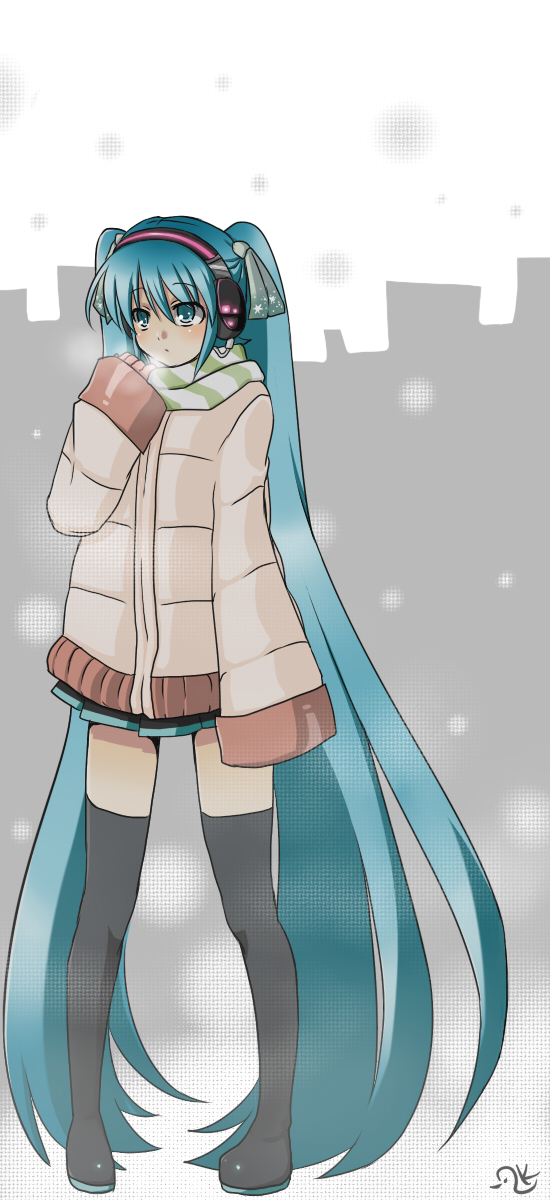 isuka44, isuka (pixiv306710), suiki isuka, hatsune miku, vocaloid, bad id, bad pixiv id, highres, 1girl, aqua eyes, aqua hair, coat, female focus, long hair, scarf, skirt, solo, thighhighs, twintails, very long hair