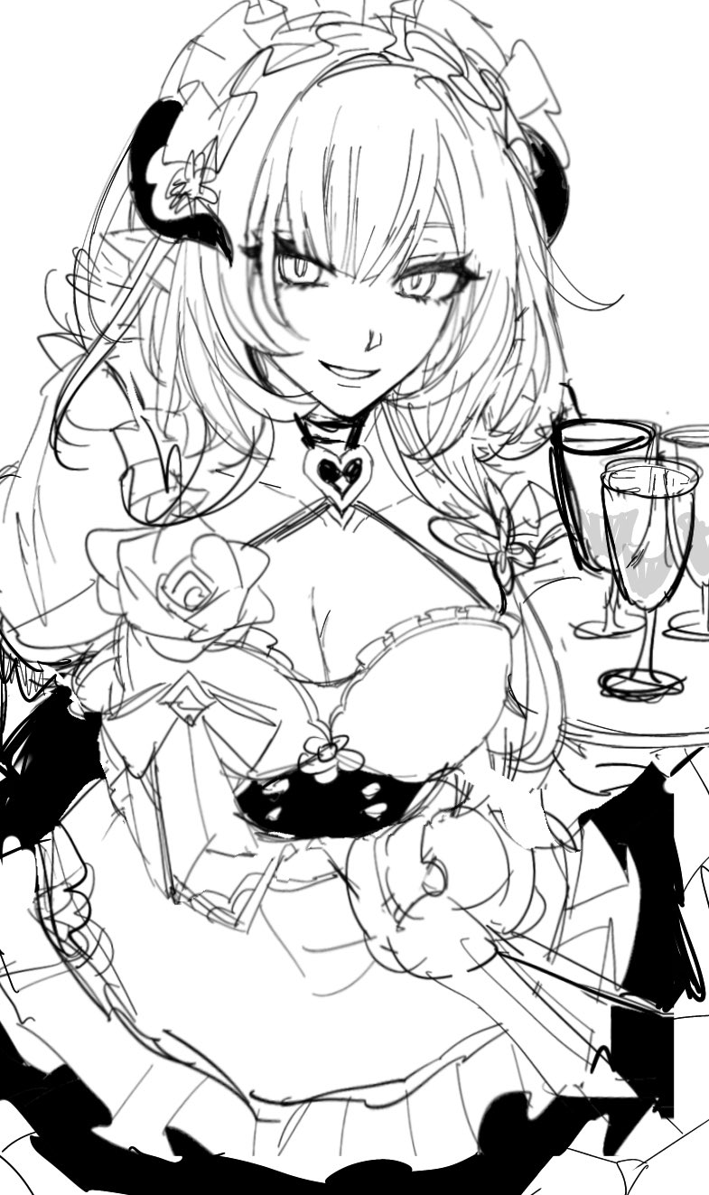 wahh captain, elysia (honkai impact), elysia (miss pink) (honkai impact), elysia (miss pink elf) (honkai impact), honkai (series), honkai impact 3rd, commentary request, highres, 1girl, apron, breasts, butterfly hair ornament, cleavage, cup, dress, elf, fake horns, greyscale, hair ornament, holding, holding plate, horns, large breasts, long hair, looking at viewer, maid, maid apron, maid headdress, monochrome, official alternate costume, plate, pointy ears, solo, very long hair