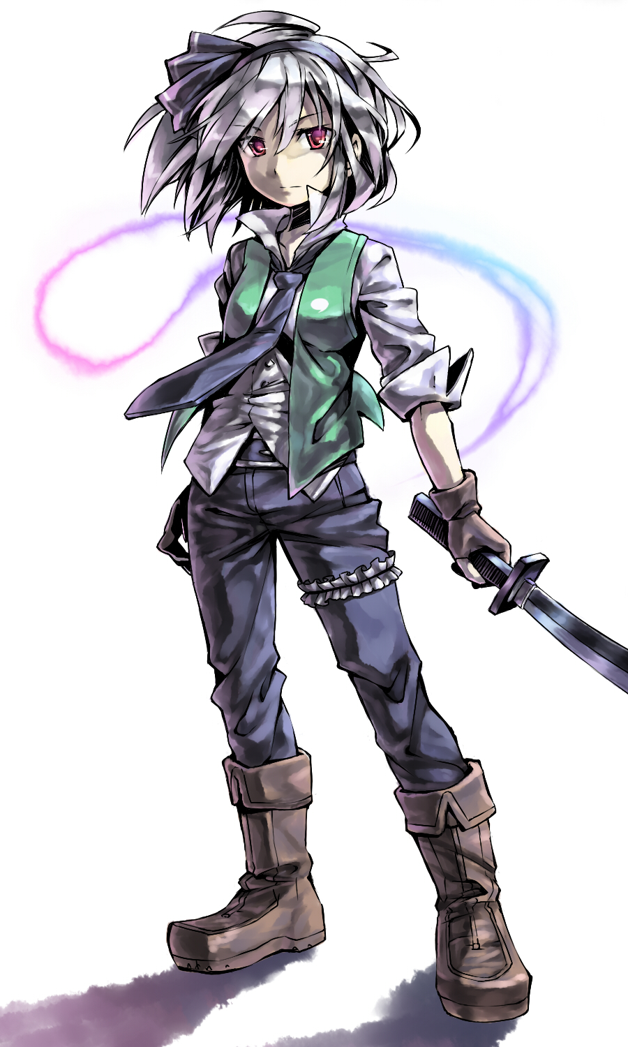 aisora, konpaku youmu, konpaku youmu (ghost), touhou, silver hair, highres, 1girl, boots, female focus, gloves, hitodama, katana, necktie, pants, red eyes, shirt, solo, sword, weapon