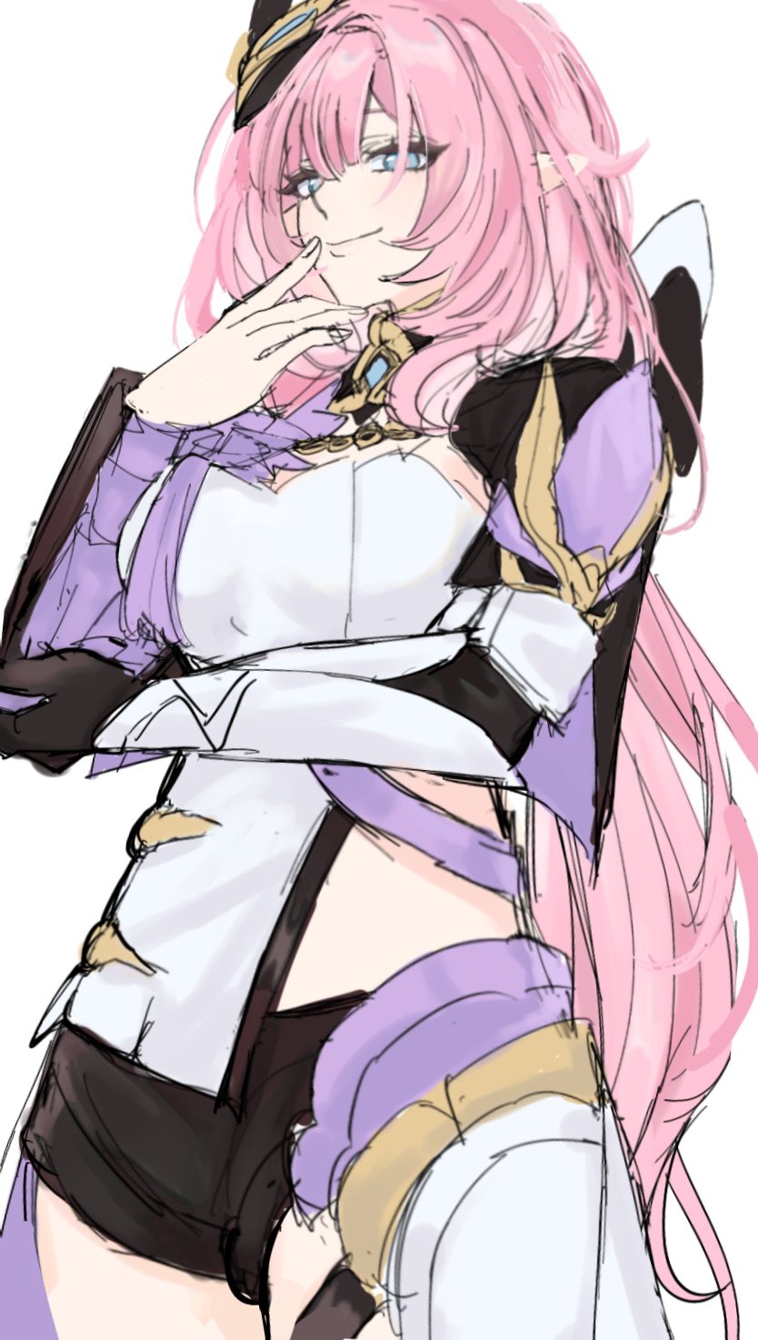wahh captain, elysia (honkai impact), elysia (miss pink elf) (honkai impact), honkai (series), honkai impact 3rd, commentary request, highres, 1girl, black shorts, blue eyes, breasts, corset, cowboy shot, elf, hair ornament, large breasts, long hair, looking at viewer, pink hair, pointy ears, short shorts, shorts, simple background, smile, solo, thighs, very long hair, white background, white corset