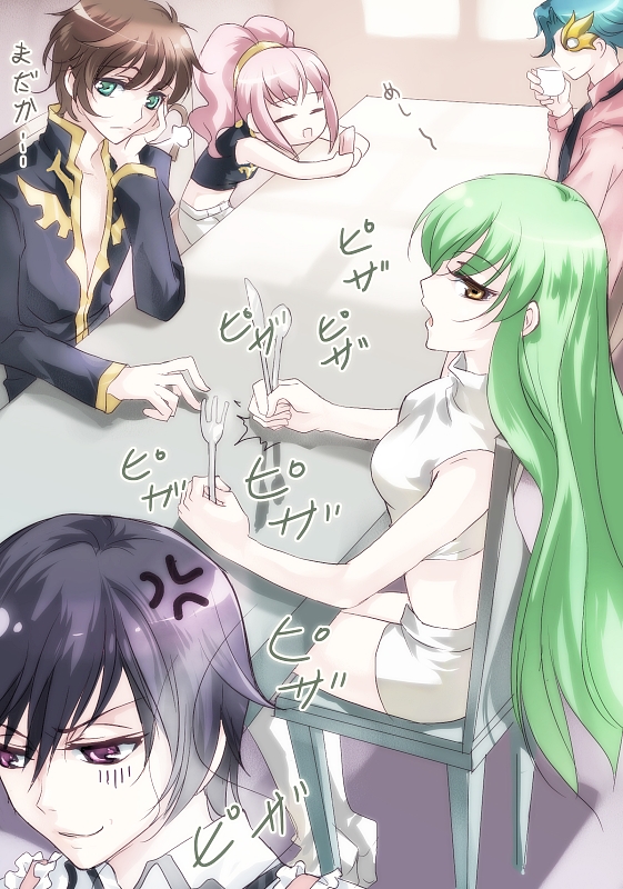sakubun, zuowen, anya alstreim, c.c., jeremiah gottwald, kururugi suzaku, lelouch vi britannia, code geass, 00s, 2girls, 3boys, black hair, brown hair, closed eyes, cup, good end, green eyes, green hair, long hair, midriff, multiple boys, multiple girls, open clothes, open shirt, pink hair, purple eyes, shirt, yellow eyes