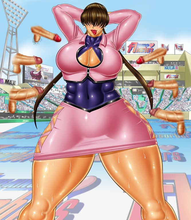 circle max, shermie (kof), the king of fighters, 1girl, breasts, cleavage, cleavage cutout, clothing cutout, curvy, dress, earrings, female focus, heart, huge breasts, huge penis, jewelry, large breasts, latex, long hair, open mouth, outdoors, penis, ponytail, shiny clothes, shiny skin, skirt, standing, thick thighs, thighs, wide hips