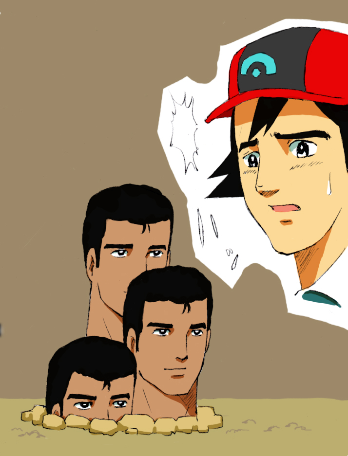 takeda kanryuusai, abe takakazu, ash ketchum, dugtrio, kuso miso technique, nintendo, pokemon, pokemon (anime), bad id, bad pixiv id, 4boys, brown background, child, gen 1 pokemon, hat, male focus, multiple boys, parody, pokemon (creature), simple background, sweatdrop, what, yaranaika, you gonna get raped