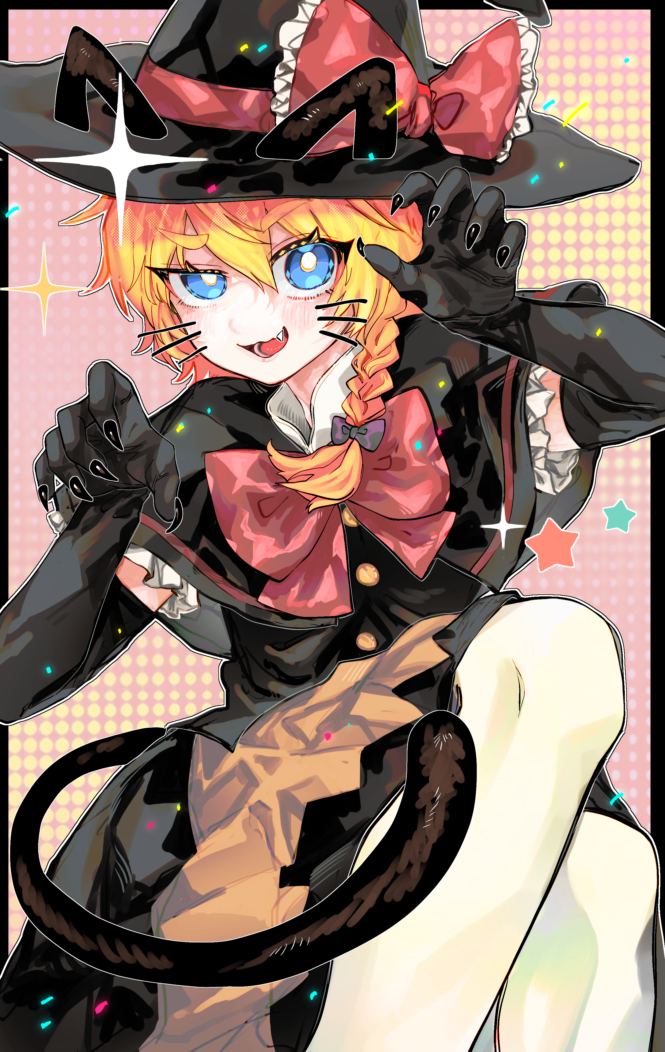 kirisame marisa, meguru (cookie), cookie (touhou), touhou, absurdres, artist request, commission, highres, second-party source, 1girl, animal ears, apron, black capelet, black gloves, black hat, black skirt, black vest, blonde hair, blue eyes, blush, bow, bowtie, braid, bright pupils, brown apron, buttons, capelet, cat ears, cat tail, claw pose, drawn ears, drawn tail, drawn whiskers, elbow gloves, fang, feet out of frame, gloves, hair bow, hat, hat bow, looking at viewer, open mouth, pink background, purple bow, raised eyebrow, red bow, red bowtie, shirt, short hair, side braid, single braid, skirt, skirt set, smile, solo, tail, vest, waist apron, white pupils, white shirt, witch hat