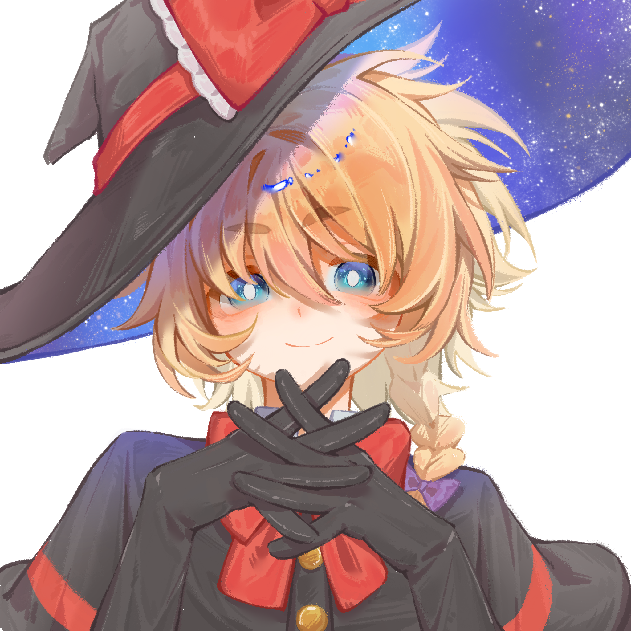 kirisame marisa, meguru (cookie), cookie (touhou), touhou, artist request, commission, highres, second-party source, 1girl, black capelet, black gloves, black hat, blonde hair, blue eyes, bow, bowtie, braid, bright pupils, buttons, capelet, closed mouth, gloves, hair between eyes, hair bow, hat, hat bow, interlocked fingers, looking at viewer, own hands together, red bow, red bowtie, side braid, simple background, single braid, smile, solo, starry sky print, transparent background, upper body, white pupils, witch hat