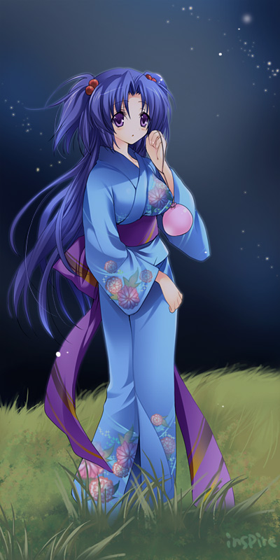 ichinose kotomi, clannad, 00s, 1girl, blue hair, blue kimono, female focus, grass, japanese clothes, kimono, long hair, night, night sky, sky, solo, yukata