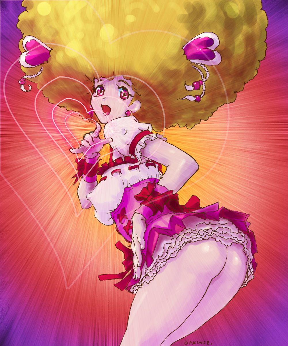 oprince, cure peach, momozono love, fresh precure!, precure, highres, 00s, 1girl, afro, ass, blonde hair, breasts, covered erect nipples, earrings, female focus, frills, hair ornament, heart, heart hair ornament, jewelry, m/, magical girl, no panties, open mouth, pink eyes, ribbon, solo, twintails
