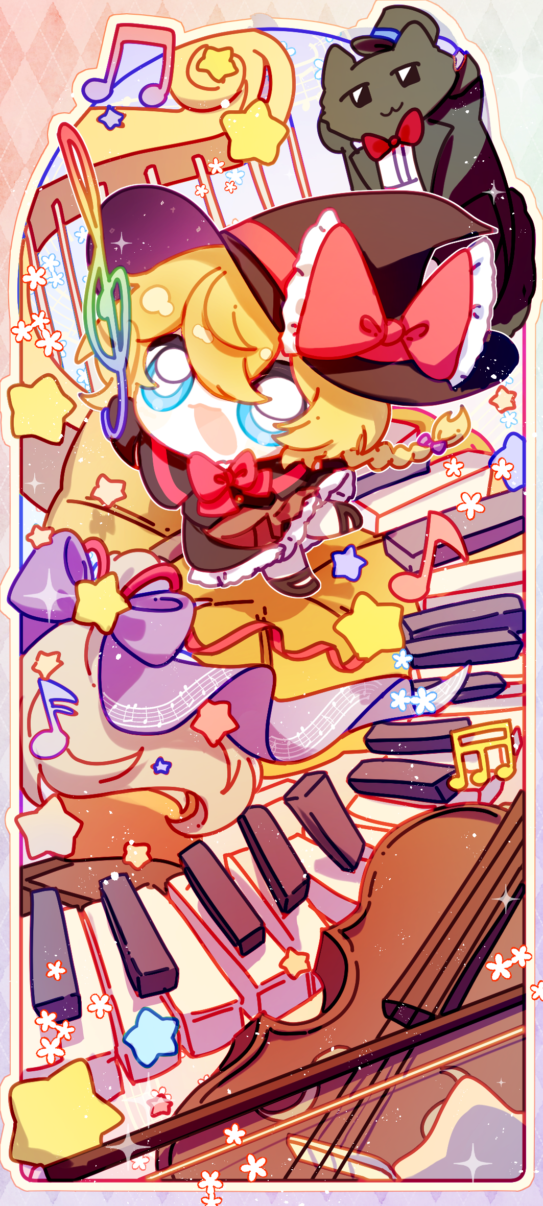 kirisame marisa, meguru (cookie), yuuhi (cookie), cookie (touhou), touhou, artist request, commission, highres, second-party source, 1girl, animalization, black capelet, black cat, black shoes, black skirt, blue eyes, bow, bow (music), bowtie, braid, bright pupils, capelet, cat, chibi, chibi only, full body, hair bow, hat, hat bow, instrument, musical note, open mouth, pantyhose, piano, purple bow, red bow, red bowtie, shoes, short hair, side braid, single braid, skirt, smile, solo, star (symbol), violin, white pantyhose, white pupils