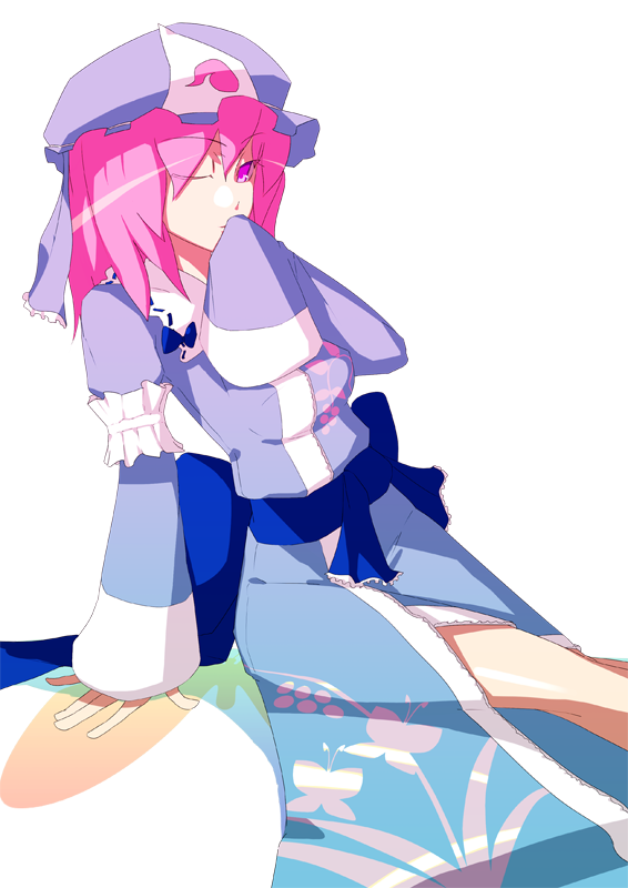 kaw, saigyouji yuyuko, touhou, bad id, bad pixiv id, 1girl, dress, female focus, hat, japanese clothes, legs, pink eyes, pink hair, sitting, solo, white background, wink