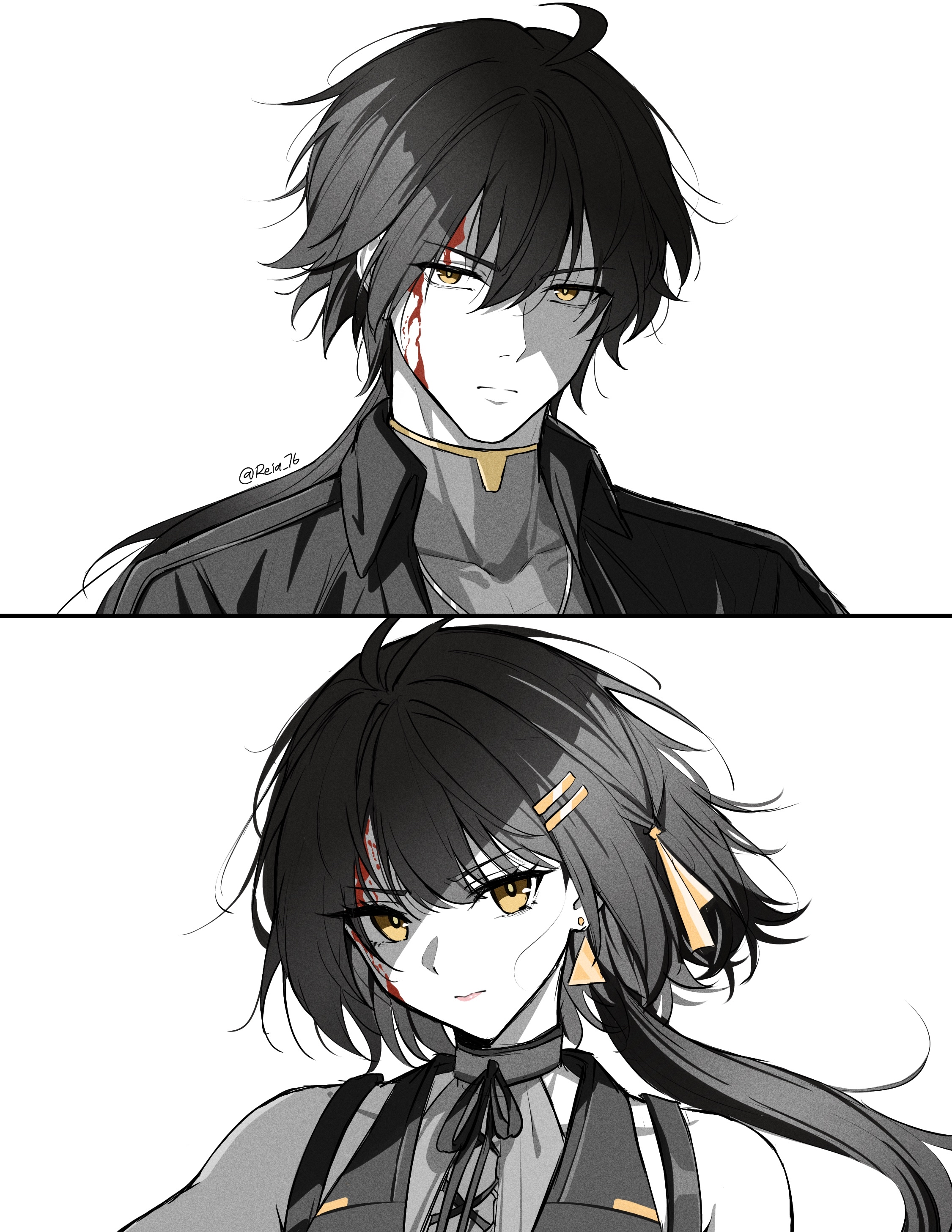 reia 76, female rover (wuthering waves), male rover (wuthering waves), rover (wuthering waves), wuthering waves, absurdres, commentary, english commentary, highres, 1boy, 1girl, ahoge, bare shoulders, black hair, blood, blood on face, closed mouth, collared jacket, covered collarbone, dual persona, earrings, hair between eyes, hair ornament, hair ribbon, hairclip, jacket, jewelry, long hair, looking at viewer, male focus, parallel hairclips, portrait, ribbon, shirt, simple background, spot color, triangle earrings, white background, yellow eyes, yellow ribbon