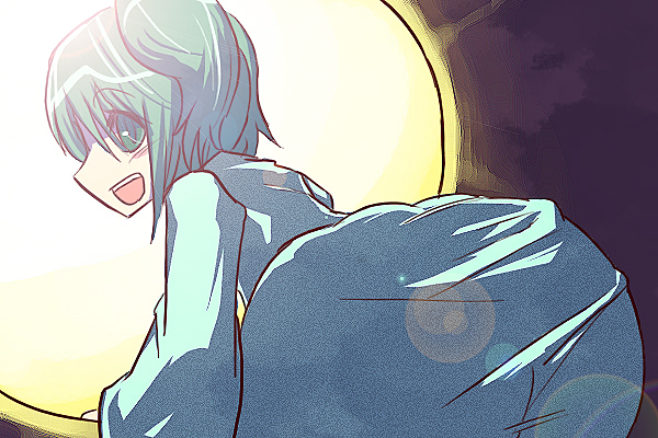 hakika, kisume, touhou, bad id, bad pixiv id, 1girl, ass, female focus, from behind, green eyes, green hair, matching hair/eyes, short hair, smile, solo