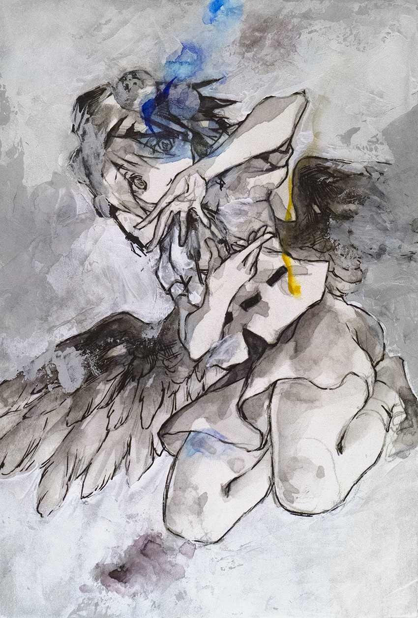 ikeda ruriko, shameimaru aya, touhou, commentary request, duplicate, highres, pixel-perfect duplicate, 1girl, ankle socks, bare arms, bird wings, black hair, black hat, black ribbon, black shoes, black skirt, black wings, blue fire, closed mouth, eyelashes, feathered wings, finger frame, fire, flaming eye, full body, grey background, grey eyes, hat, kneeling, miniskirt, neck ribbon, pleated skirt, puffy short sleeves, puffy sleeves, ribbon, ribbon-trimmed shirt, ribbon trim, shirt, shoes, short hair, short sleeves, skirt, smile, socks, solo, tareme, tokin hat, white shirt, white socks, wings