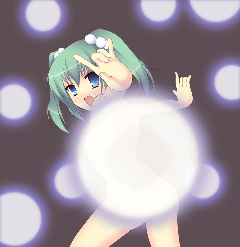 hazaka, kisume, touhou, bad id, bad pixiv id, 1girl, m/, blue eyes, censored, convenient censoring, convenient danmaku, danmaku, female focus, green hair, hair bobbles, hair ornament, nude, short hair, solo, twintails