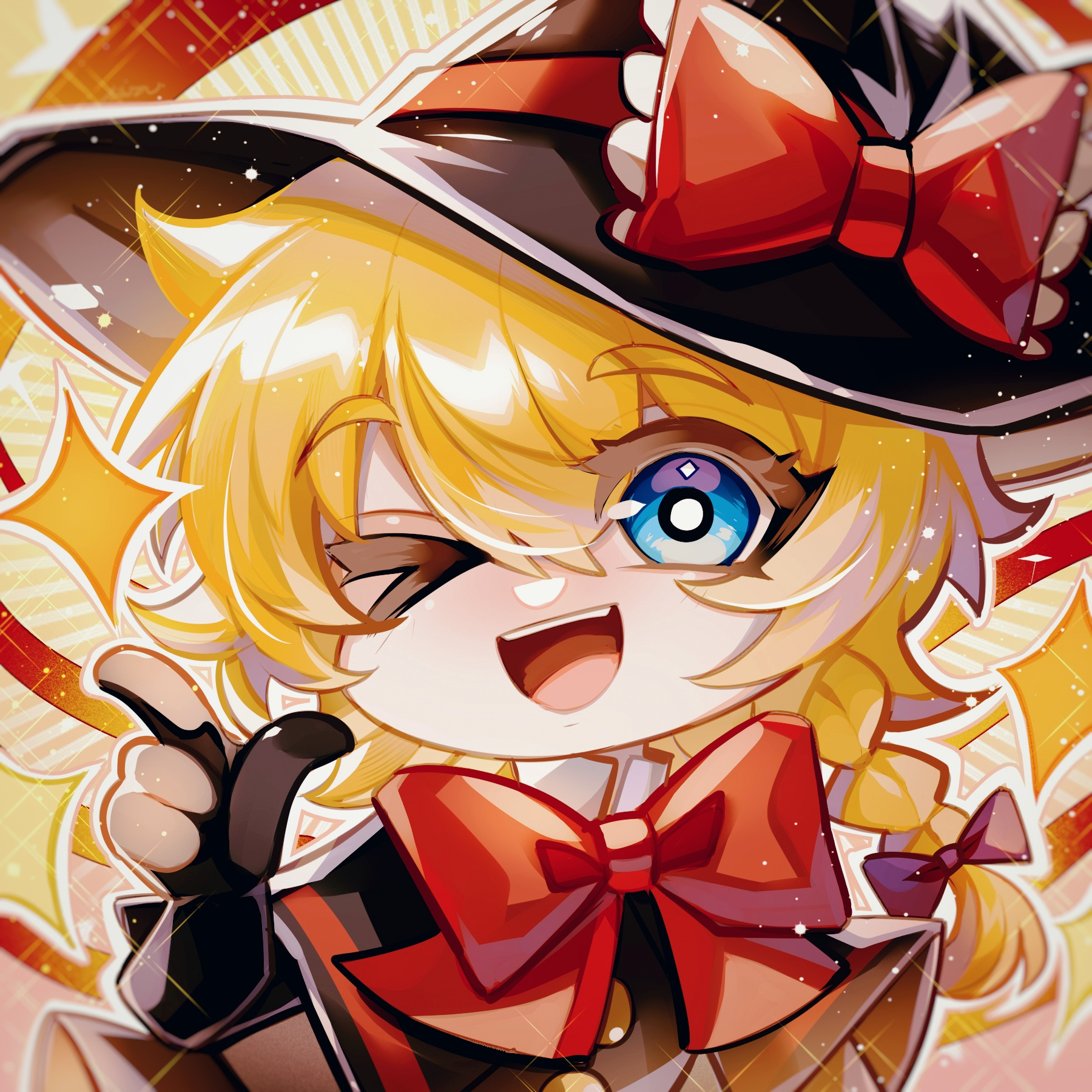 kirisame marisa, meguru (cookie), cookie (touhou), touhou, artist request, commission, highres, second-party source, 1girl, :d, black capelet, black gloves, black hat, blonde hair, blue eyes, bow, bowtie, braid, bright pupils, capelet, finger gun, gloves, hair between eyes, hair bow, hat, hat bow, looking at viewer, one eye closed, open mouth, purple bow, red bow, red bowtie, short hair, side braid, single braid, smile, solo, star (symbol), upper body, white pupils, witch hat, yellow background