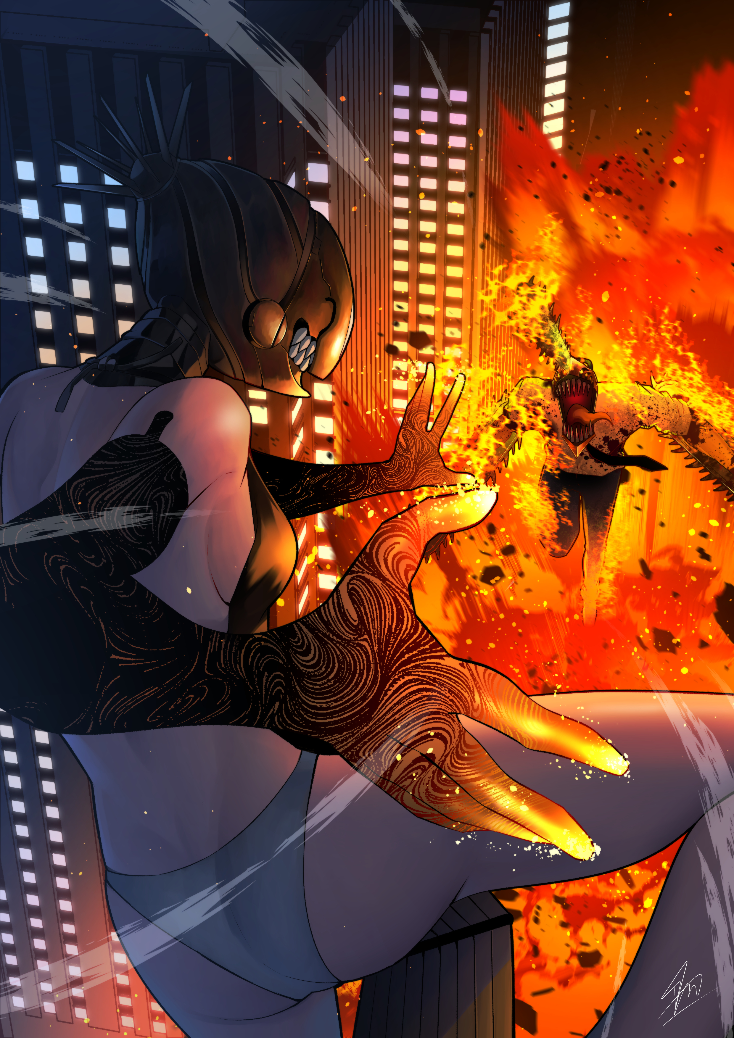 asarizer, bomb devil (chainsaw man), reze (chainsaw man), chainsaw man, absurdres, highres, 1boy, 1girl, alternate form, ass, battle, black gloves, black necktie, black pants, breasts, building, city, elbow gloves, explosion, gloves, grey panties, necktie, night, object head, open mouth, outdoors, panties, pants, sharp teeth, sideboob, small breasts, teeth, underwear