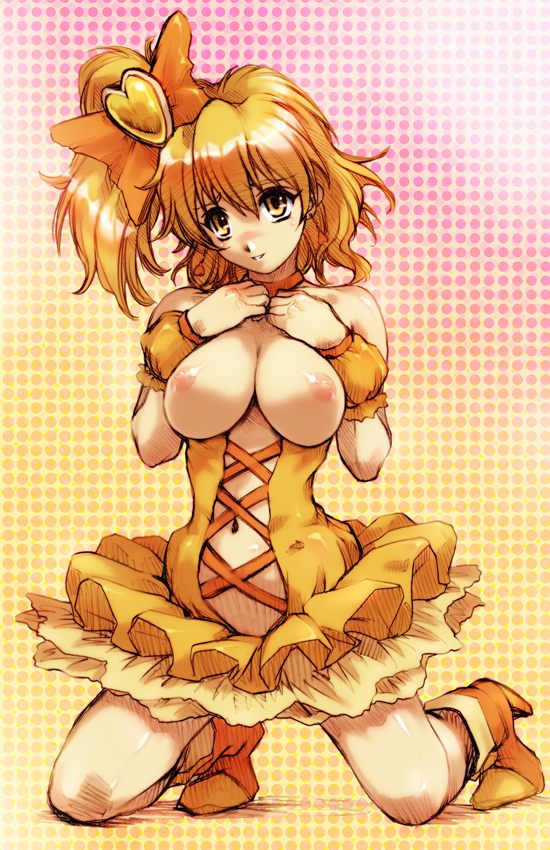 hisahiko, cure pine, yamabuki inori, fresh precure!, precure, 00s, 1girl, breasts, female focus, hair ornament, heart, heart hair ornament, magical girl, solo, yellow eyes