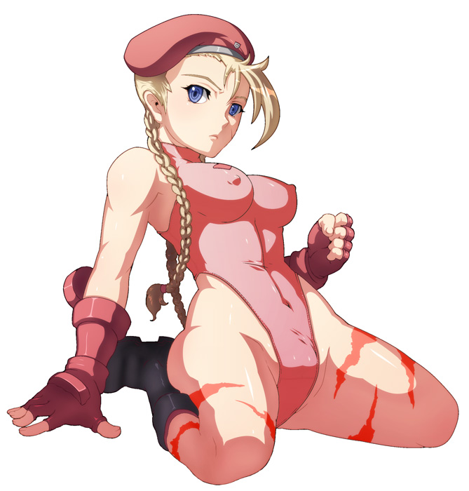 caryo, tabigarasu, cammy white, capcom, street fighter, 1girl, beret, braid, breasts, covered erect nipples, female focus, full body, hat, leotard, medium breasts, nipples, simple background, solo, twin braids