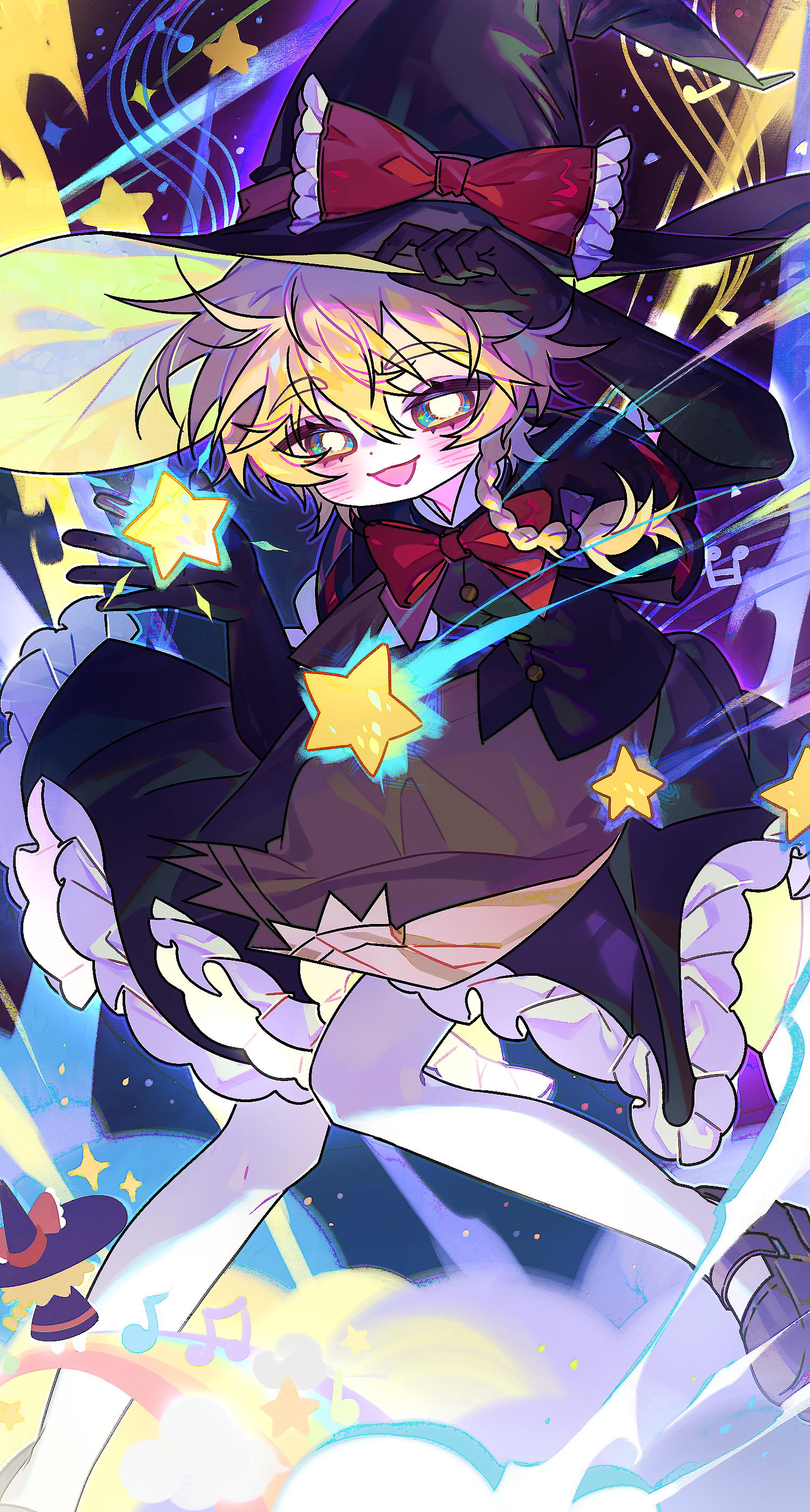 kirisame marisa, meguru (cookie), cookie (touhou), touhou, absurdres, artist request, commission, highres, second-party source, 1girl, apron, black capelet, black gloves, black hat, black shoes, black skirt, black vest, blonde hair, blue eyes, blush, bow, bowtie, braid, bright pupils, brown apron, buttons, capelet, cloud, elbow gloves, eyes visible through hair, full body, gloves, hair bow, hands up, hat, hat bow, looking at viewer, mary janes, musical note, musical staff, open mouth, pantyhose, purple background, red bow, red bowtie, shoes, short hair, side braid, single braid, skirt, skirt set, smile, solo, star (symbol), vest, waist apron, white pantyhose, white pupils, witch hat