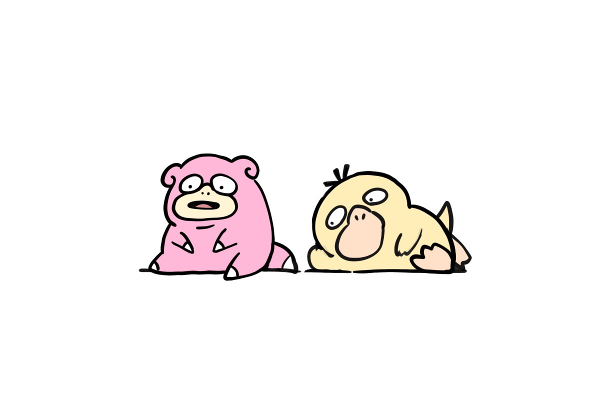 kawamochi (kawauti919), psyduck, slowpoke, nintendo, pokemon, commentary request, gen 1 pokemon, lying, no humans, on side, parted lips, pokemon (creature), simple background, sitting, white background