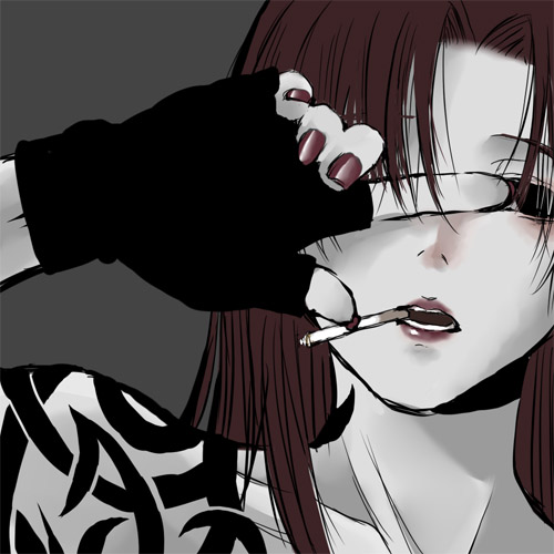 nagumo kuu, revy (black lagoon), black lagoon, bad id, bad pixiv id, lowres, 00s, 1girl, cigarette, female focus, lipstick, makeup, nail polish, red hair, smoking, solo, tattoo