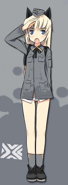 shimada fumikane, helma lennartz, strike witches, strike witches: suomus misfits squadron, world witches series, uniform, 00s, 1girl, animal ears, blonde hair, blue eyes, female focus, hat, panties, salute, solo, underwear, white panties