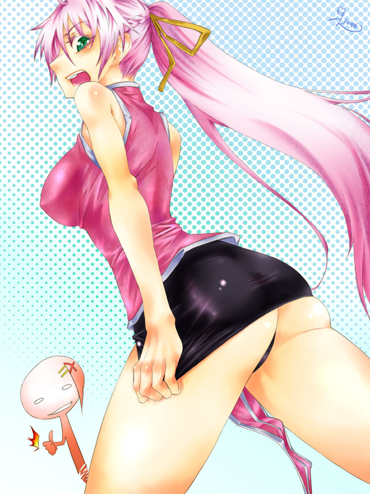 jin nai, signum, yagami hayate, lyrical nanoha, mahou shoujo lyrical nanoha, mahou shoujo lyrical nanoha a's, mahou shoujo lyrical nanoha strikers, 00s, 1girl, ass, black panties, blush, breasts, embarrassed, female focus, grin, hair ornament, large breasts, long hair, miniskirt, open mouth, panties, pantyshot, pencil skirt, pink hair, polka dot, polka dot background, ponytail, signature, skirt, skirt tug, smile, solo, standing, surprised, thumbs up, underwear, upskirt, x hair ornament