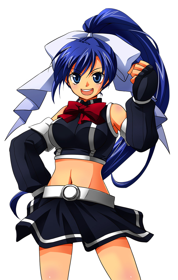 sekken (pixiv), yuri (quiz magic academy), quiz magic academy, blue eyes, blue hair, detached sleeves, eyelashes, gloves, hand on own hip, hip focus, long hair, midriff, navel, ponytail, ribbon, skirt, smile, solo