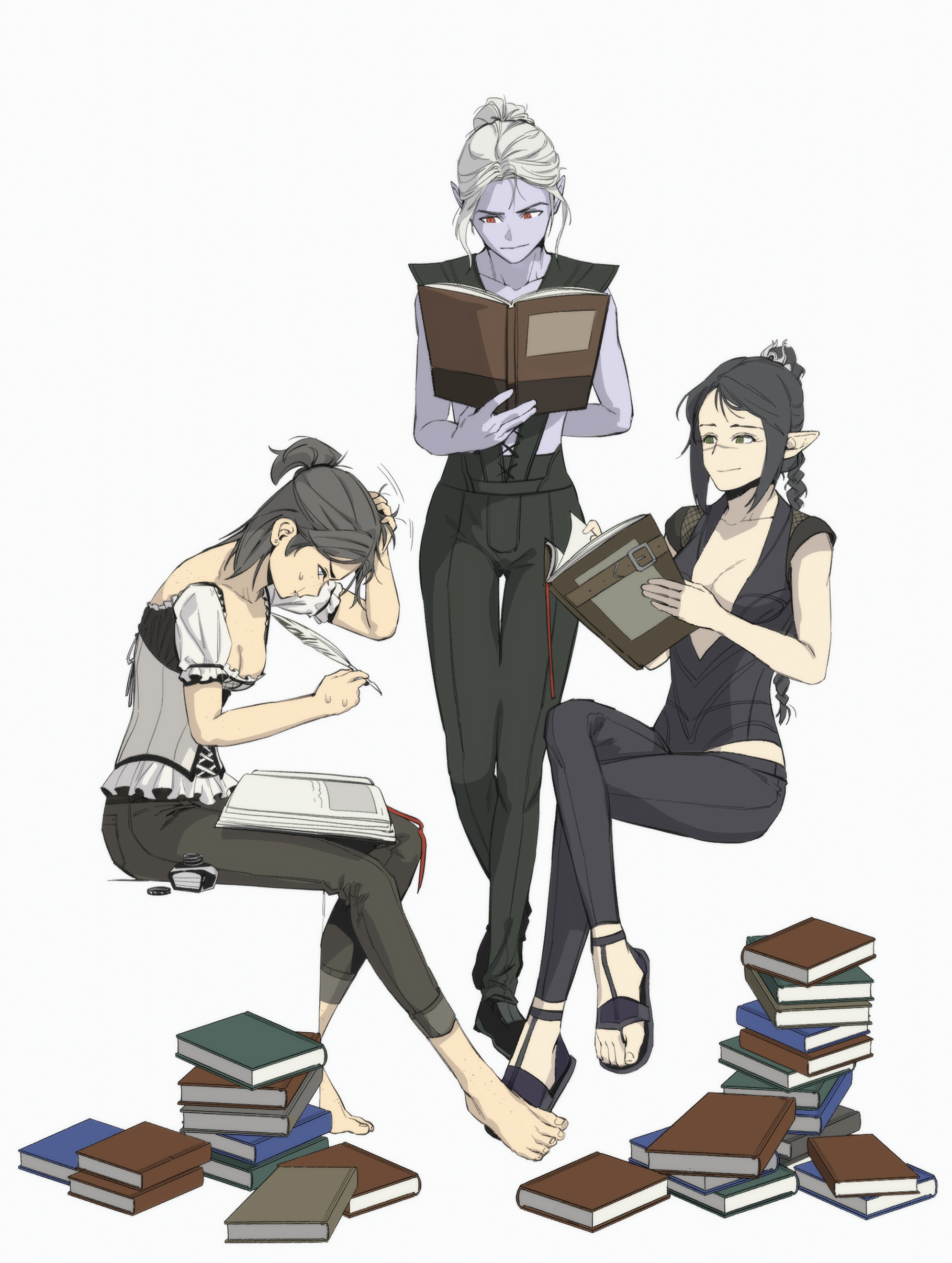 minthara, shadowheart (baldur's gate), tav (baldur's gate), baldur's gate, baldur's gate 3, dungeons & dragons, dungeons & dragons, absurdres, highres, 3girls, arm behind back, barefoot, black hair, black pants, book, book stack, braid, braided ponytail, breasts, cleavage, colored skin, crossed legs, elf, full body, grey skin, hair bun, hand on own head, holding, holding book, holding quill, invisible chair, l maria 427, long hair, multiple girls, pants, pointy ears, quill, reading, red eyes, sandals, single braid, single hair bun, sitting, studying, white background, white hair