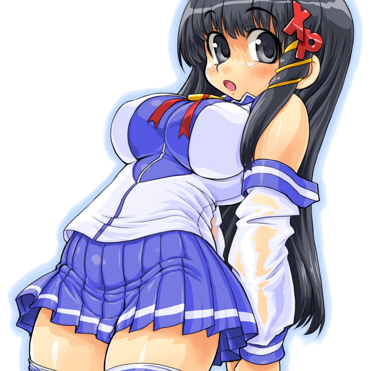 dd (ijigendd), xp-tan, os-tan, bad id, bad pixiv id, 1girl, :o, black eyes, black hair, blue skirt, breasts, detached sleeves, female focus, large breasts, long hair, skirt, solo, thighhighs