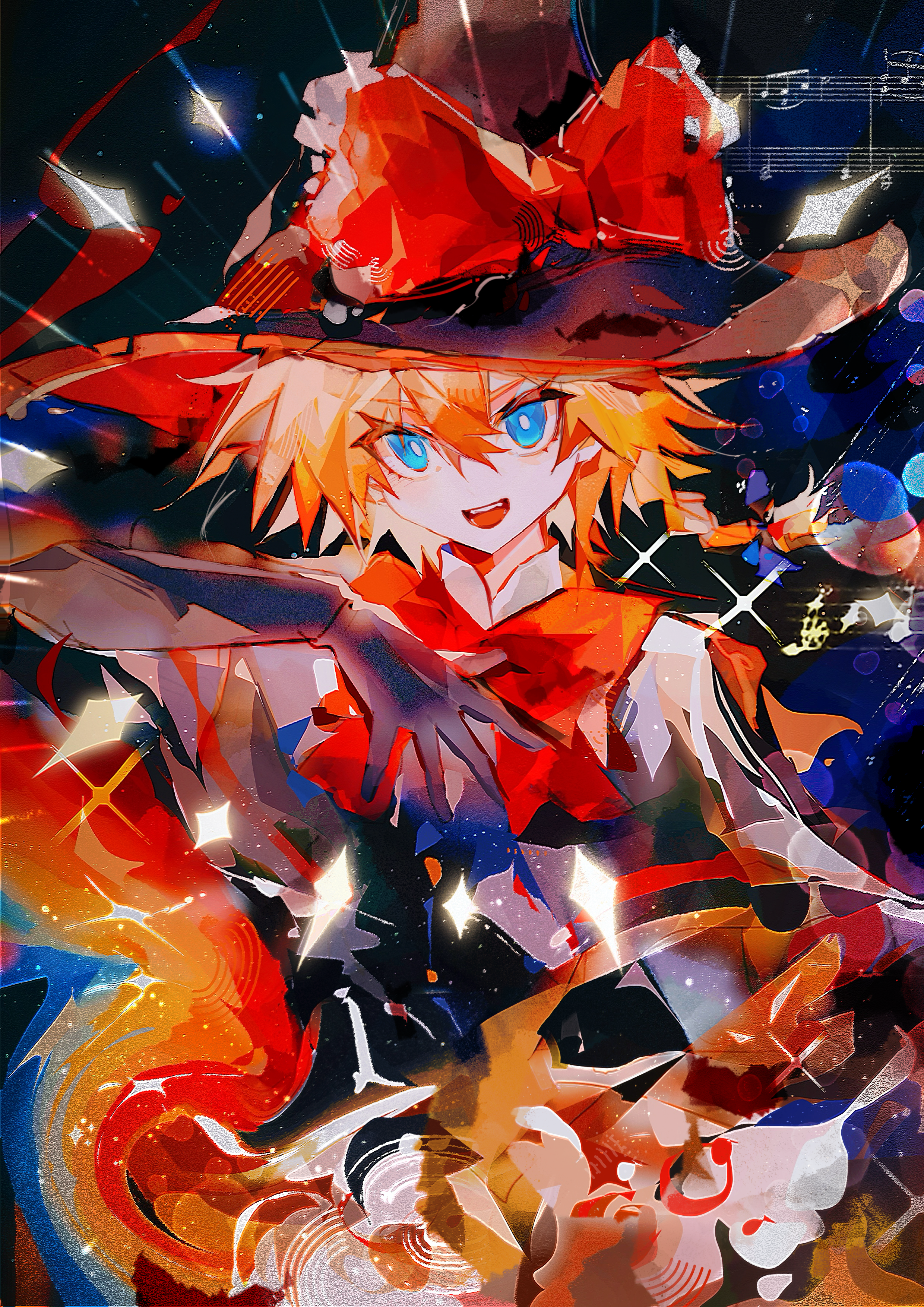 kirisame marisa, meguru (cookie), cookie (touhou), touhou, absurdres, artist request, commission, highres, second-party source, 1girl, black capelet, black gloves, black hat, black vest, blonde hair, blue eyes, bow, bowtie, braid, bright pupils, buttons, capelet, elbow gloves, gloves, hair between eyes, hat, hat bow, looking at viewer, musical note, musical staff, open mouth, purple background, red bow, red bowtie, short hair, side braid, single braid, smile, solo, spiked hair, upper body, vest, white pupils, witch hat