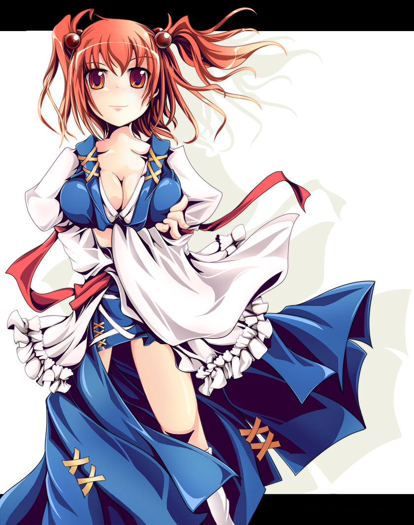 onozuka komachi, touhou, 1girl, breasts, cleavage, dress, female focus, large breasts, red eyes, red hair, solo, twintails, two side up, white background
