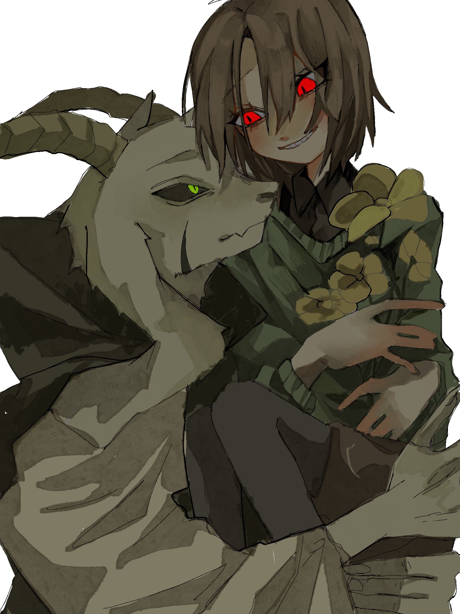 fffkace, asriel dreemurr, asriel dreemurr (god of hyperdeath), chara (undertale), undertale, utdr (toby fox), highres, black sclera, brown hair, colored sclera, flower, glowing, glowing eyes, goat horns, green eyes, horns, red eyes, short hair