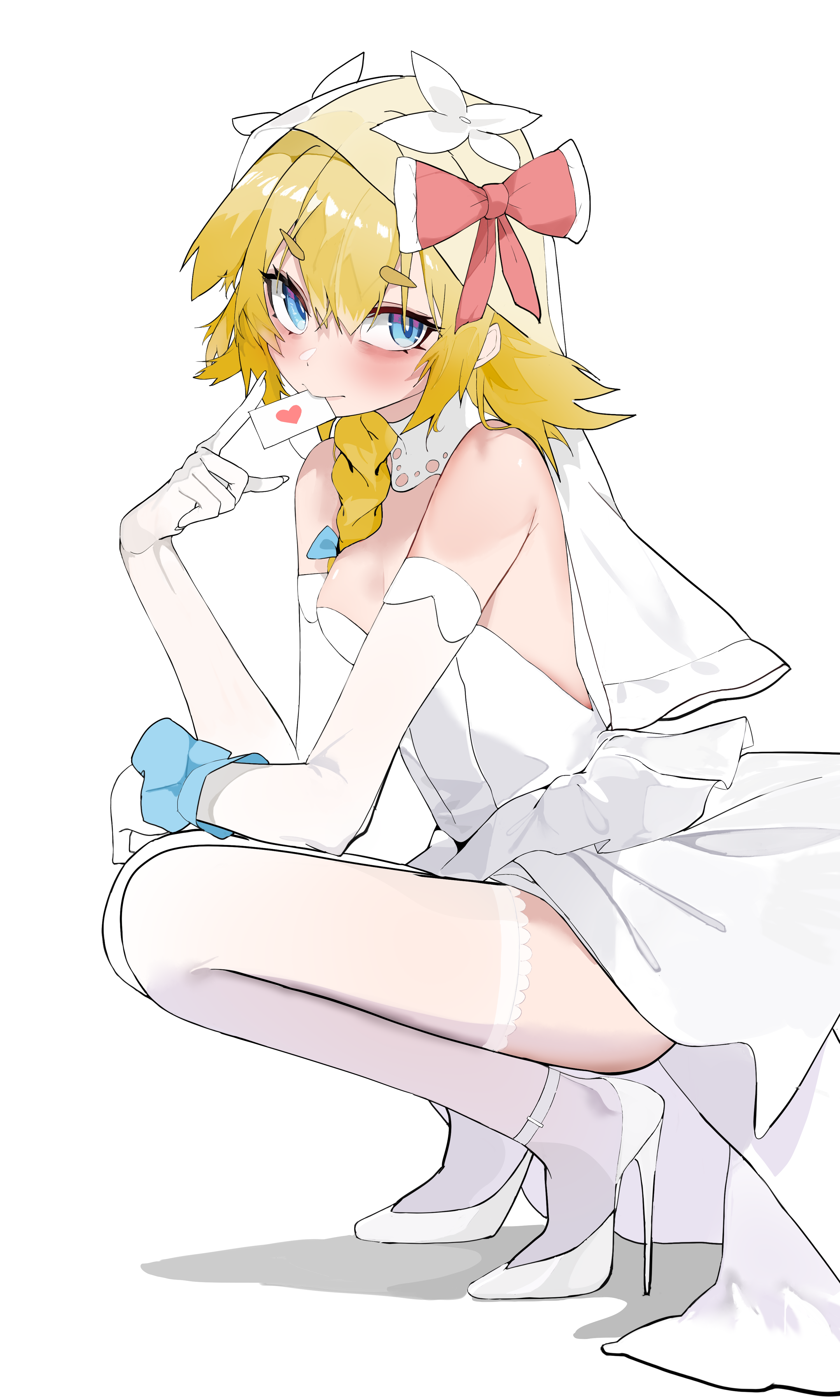 kirisame marisa, meguru (cookie), cookie (touhou), touhou, absurdres, artist request, commission, highres, second-party source, 1girl, alternate costume, blonde hair, blue eyes, blush, breasts, bridal veil, cleavage, closed mouth, dress, elbow gloves, gloves, heart, high heels, looking at viewer, medium breasts, medium hair, mouth hold, shoes, simple background, smile, solo, squatting, strapless, strapless dress, thighhighs, veil, wedding dress, white background, white dress, white gloves, white shoes, white thighhighs