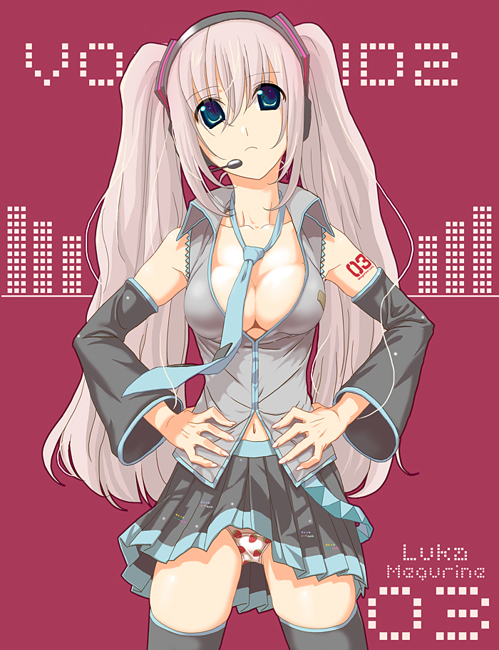 takei ooki, hatsune miku, megurine luka, vocaloid, bad id, bad pixiv id, 1girl, breasts, cleavage, cosplay, female focus, fingernails, food print, fruit print, hands on own hips, hatsune miku (cosplay), headset, medium breasts, panties, pantyshot, pink hair, print panties, solo, strawberry panties, strawberry print, thighhighs, twintails, underwear