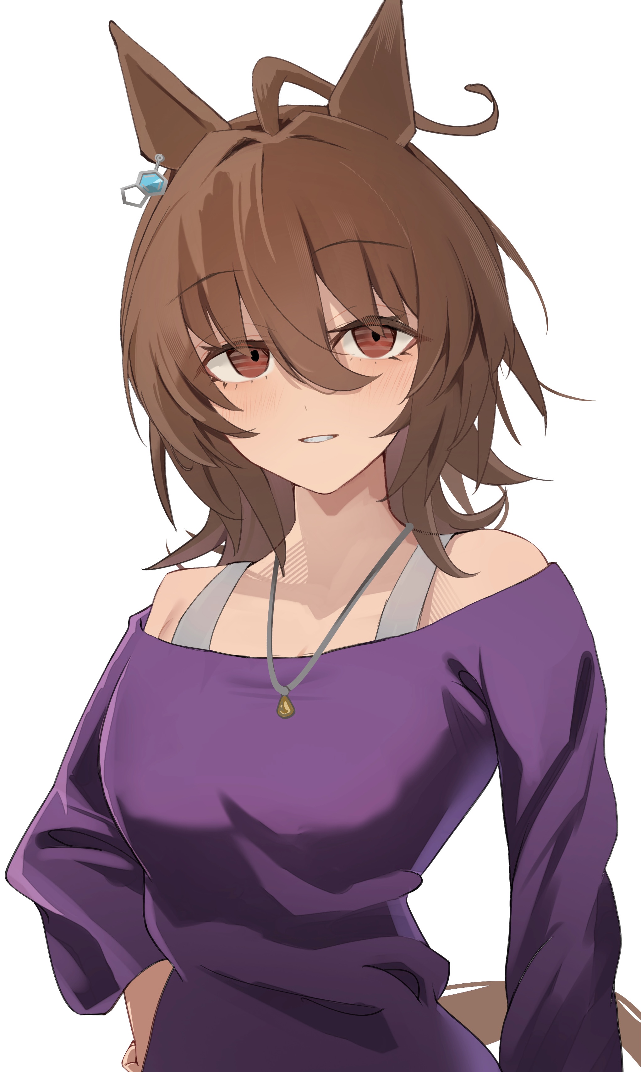 sei (bigaa), agnes tachyon (casual) (umamusume), agnes tachyon (umamusume), umamusume, absurdres, highres, 1girl, ahoge, bare shoulders, bra strap, breasts, chemical structure, ear ornament, earrings, graviton beam emitter, hair between eyes, hair intakes, hand on own hip, huge ahoge, jewelry, light blush, long sleeves, medium breasts, neck, off-shoulder shirt, off shoulder, parted lips, purple shirt, red eyes, shirt, simple background, single earring, smile, solo, white background