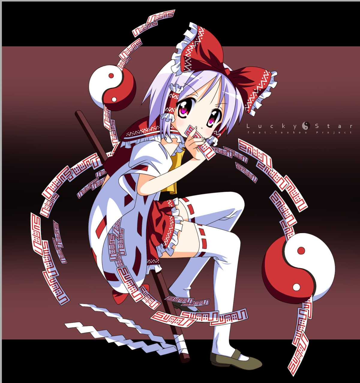 rindou (awoshakushi), hakurei reimu, hiiragi tsukasa, kadokawa shoten, lucky star, team shanghai alice, touhou, highres, 1girl, cosplay, female focus, gohei, hair tubes, hakurei reimu (cosplay), japanese clothes, miko, ofuda, purple hair, ribbon-trimmed legwear, ribbon trim, short hair, solo, thighhighs, white thighhighs, yin yang
