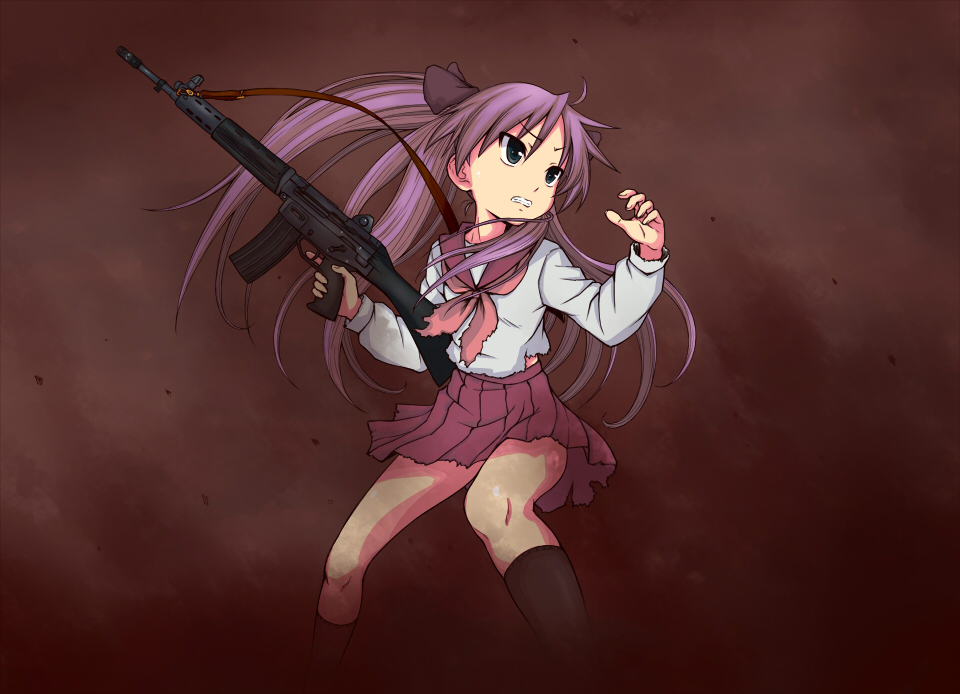kaminari mai, hiiragi kagami, lucky star, 00s, 1girl, assault rifle, blue eyes, female focus, from below, gun, howa type 89, long hair, neckerchief, purple hair, rifle, school uniform, serafuku, solo, torn clothes, torn neckerchief, twintails, weapon