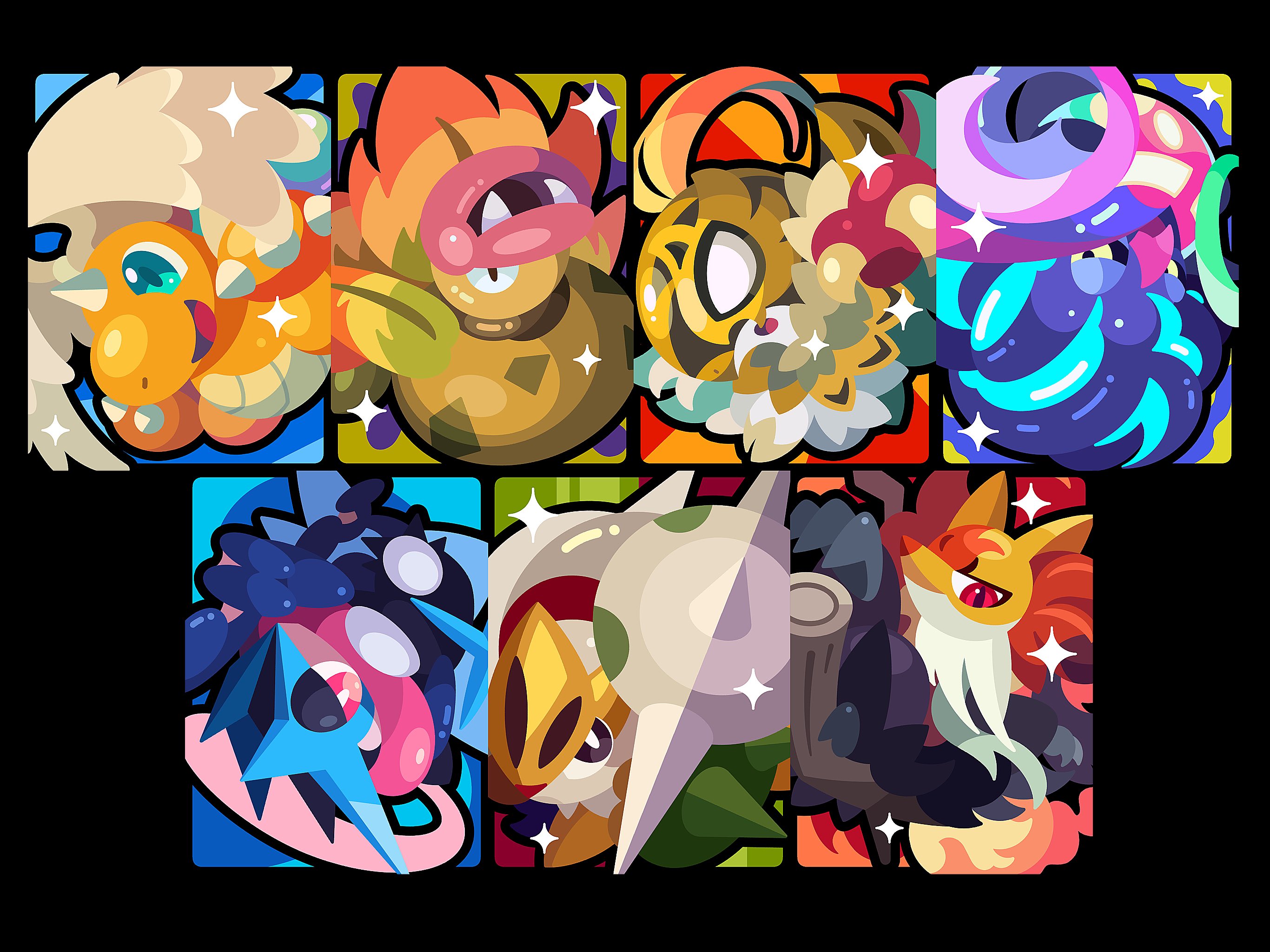 shichi (7cube ori), chesnaught, delphox, dragonite, greninja, hawlucha, malamar, mega chesnaught, mega delphox, mega dragonite, mega greninja, mega hawlucha, mega malamar, mega victreebel, victreebel, nintendo, pokemon, highres, alien, aqua eyes, beak, bird, black eyes, black sclera, blank eyes, broom, broom riding, cape, claws, colored sclera, colored skin, dragon, fangs, feather-trimmed belt, feathered wings, forehead protector, fox, frog, fur cape, gen 1 pokemon, gen 6 pokemon, glowing finger, green skin, happy, head wings, horns, leaf, long tongue, luchador, luchador mask, mask, mega pokemon, multicolored skin, narrowed eyes, ninja, no humans, orange skin, pink lips, plant, plant monster, pokemon (creature), pokemon focus, red eyes, red fur, red nose, shuriken, single horn, smile, spikes, spotted skin, squid, standing on weapon, tail, tentacles, tongue, tongue scarf, two-tone skin, v-shaped eyes, very long tongue, vines, weapon, webbed feet, white beard, white fur, white skin, wing cape, wings, yellow claws, yellow eyes, yellow fur, yellow skin