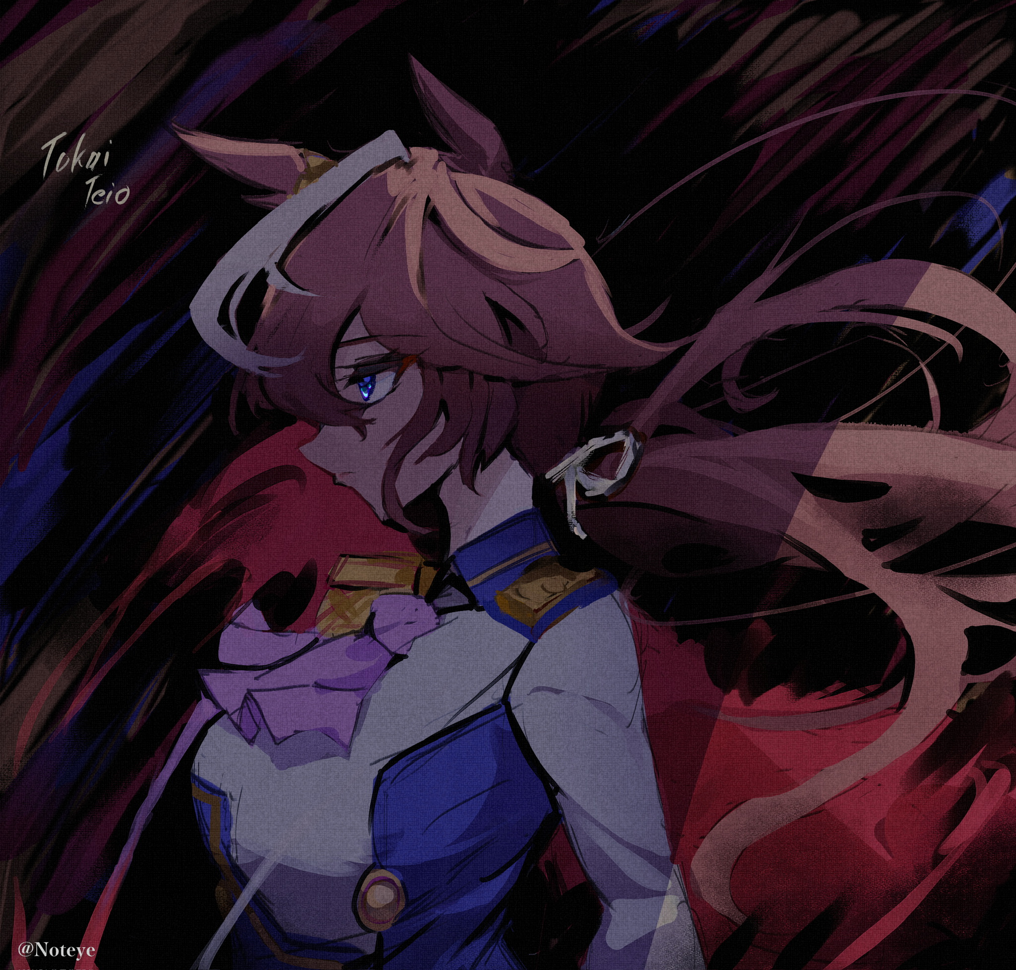 nottoai (user emeu8775), tokai teio (peak joy) (umamusume), tokai teio (umamusume), umamusume, highres, 1girl, animal ears, ascot, blue eyes, bow, brown hair, buttons, cape, double-breasted, ear ribbon, epaulettes, horse ears, horse girl, jacket, long hair, long sleeves, multicolored hair, multicolored jacket, pink ascot, ponytail, red cape, single epaulette, skirt, solo, streaked hair, two-tone jacket, white hair, white jacket
