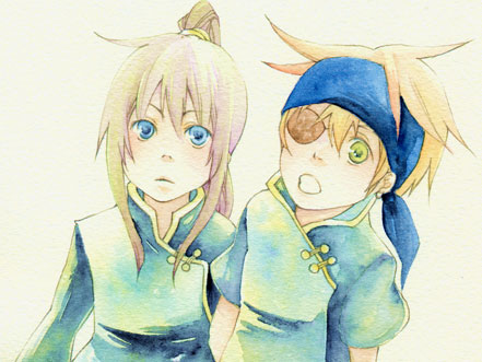 sayo (pixiv299568), kanda yuu, lavi, d.gray-man, lowres, painting (medium), traditional media, watercolor (medium), 00s, 2boys, blue eyes, brown hair, child, green eyes, long hair, male focus, multiple boys, orange hair, ponytail, short hair