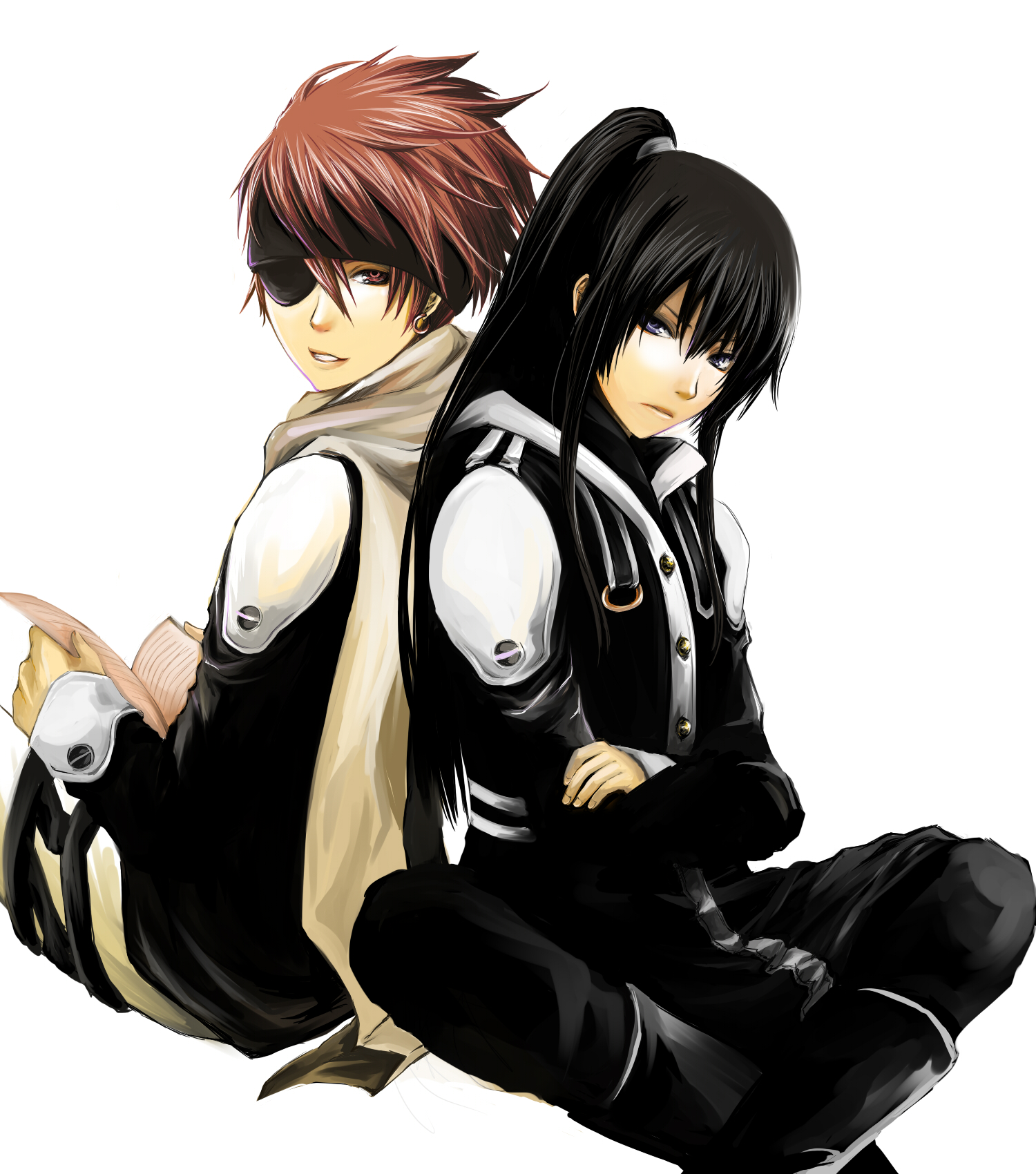 nichimaru, kanda yuu, lavi, d.gray-man, highres, 00s, 2boys, black hair, book, eyepatch, long hair, male focus, multiple boys, ponytail, red hair
