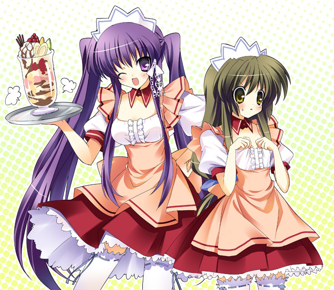 paco, fujibayashi kyou, ibuki fuuko, clannad, white legwear, 00s, 2girls, ;d, breast envy, breasts, brown hair, food, long hair, multiple girls, one eye closed, open mouth, parfait, purple eyes, purple hair, ribbon-trimmed legwear, ribbon trim, smile, thighhighs, tray, twintails, very long hair, waitress, wink, yellow eyes