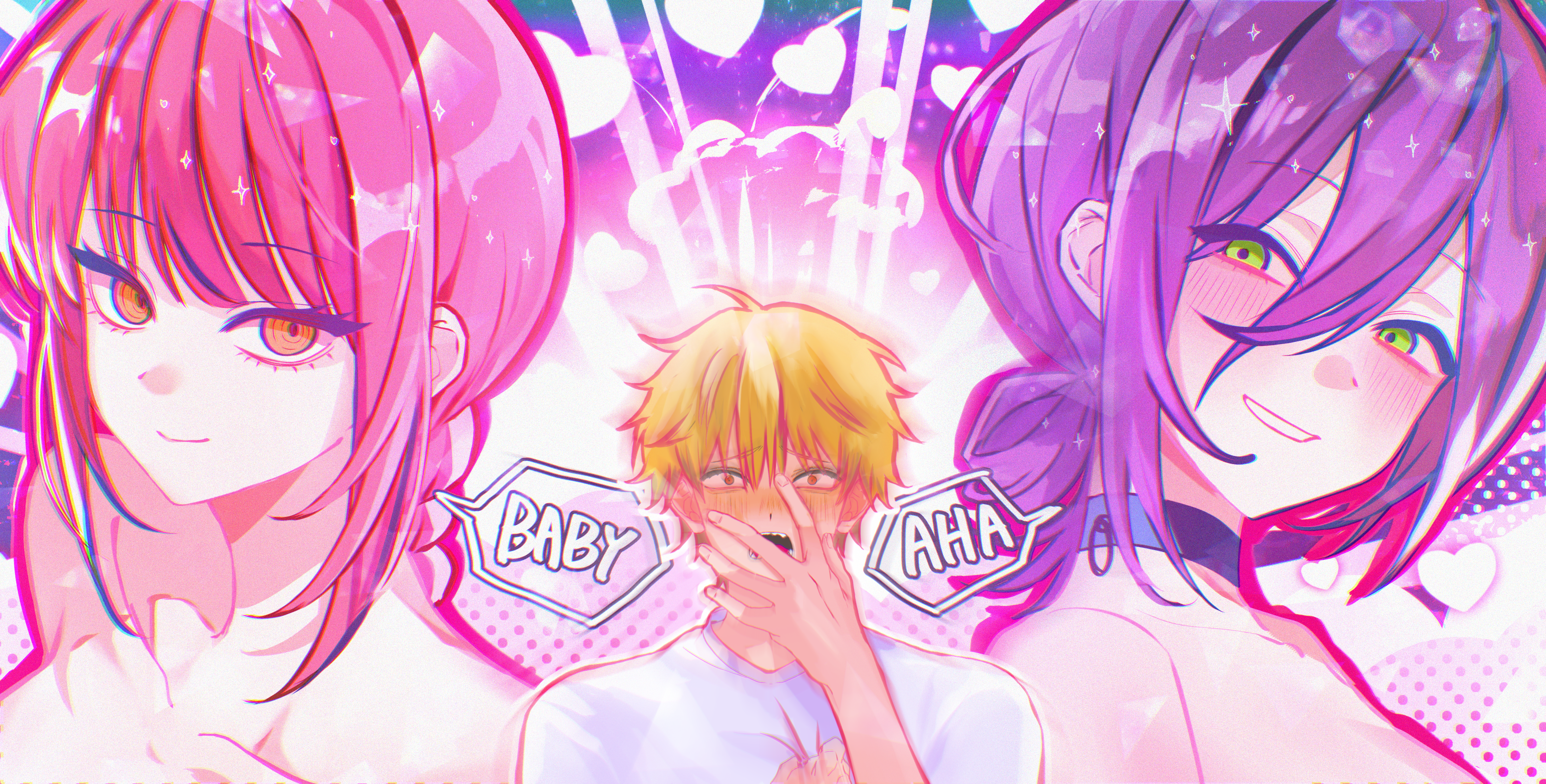 hokkul, denji (chainsaw man), makima (chainsaw man), reze (chainsaw man), chainsaw man, absurdres, highres, 1boy, 2girls, black choker, blonde hair, blush, choker, closed mouth, green eyes, grenade pin, hair between eyes, hair bun, multiple girls, orange eyes, pink hair, purple hair, ringed eyes, shirt, short hair, sidelocks, speech bubble, white shirt