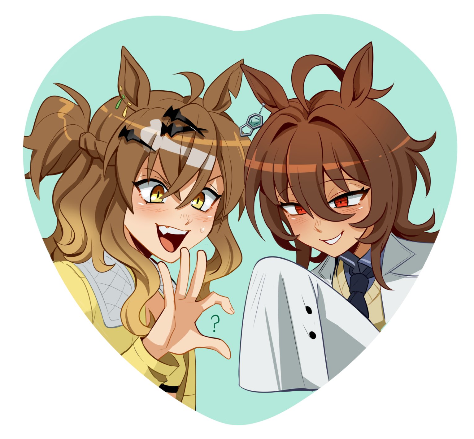 agnes tachyon (tach-nology) (umamusume), agnes tachyon (umamusume), jungle pocket (champion's battle cry) (umamusume), jungle pocket (umamusume), umamusume, highres, 2girls, ahoge, animal ears, blush, boro^2, brown hair, coat, ear ornament, earrings, fang, four-finger heart hands, grin, hair between eyes, hair ornament, hairclip, heart, heart hands, horse ears, horse girl, huge ahoge, jacket, jewelry, lab coat, long sleeves, looking at viewer, medium hair, multiple girls, necktie, notched ear, open mouth, red eyes, shirt, short necktie, single earring, sleeves past fingers, sleeves past wrists, smile, sweater, sweater vest, teeth, white coat, yellow eyes, yellow jacket, yellow sweater, yellow sweater vest