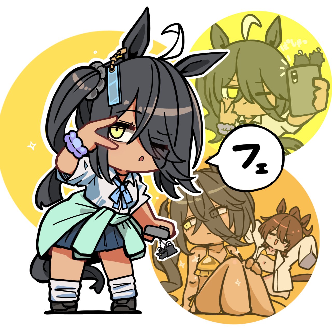 kawamochi (kawauti919), agnes tachyon (umamusume), manhattan cafe (umamusume), umamusume, commentary request, highres, translation request, 2girls, ahoge, animal ears, arms up, bare arms, bare legs, bare shoulders, barefoot, bikini, bikini under clothes, black hair, black shoes, blue cardigan, blue skirt, brown hair, cardigan, cardigan around waist, cellphone, chibi, clothes around waist, collared shirt, dress shirt, gyaru, hair between eyes, hair over one eye, holding, holding phone, horse ears, horse girl, horse tail, knees up, lab coat, long hair, looking at viewer, loose socks, multicolored hair, multiple girls, multiple views, one eye closed, open clothes, outline, parted lips, phone, pleated skirt, shirt, shoes, short sleeves, side ponytail, sitting, skirt, sleeves past fingers, sleeves past wrists, socks, swimsuit, tail, two-tone hair, v-shaped eyebrows, very long hair, white background, white hair, white outline, white shirt, white socks, yellow bikini, yellow eyes