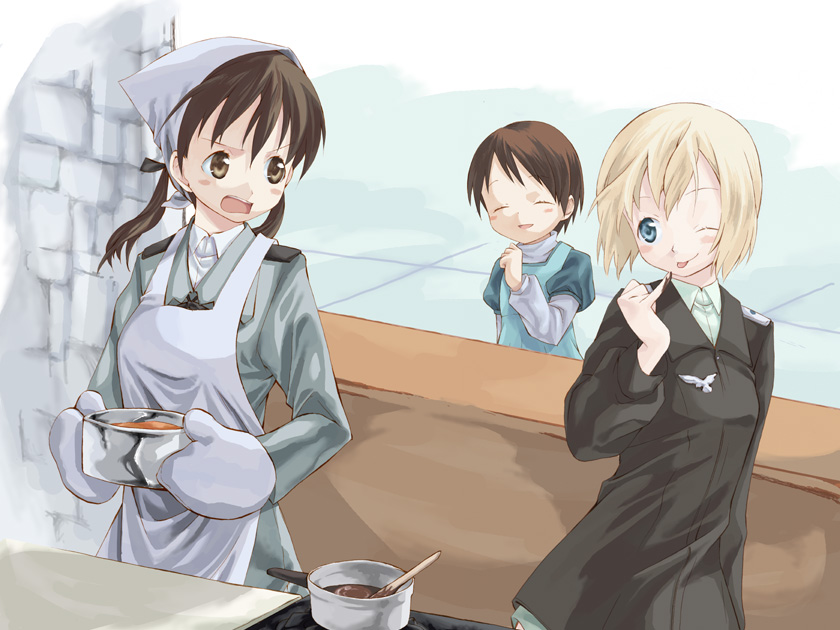 takano natsuki, christiane barkhorn, erica hartmann, gertrud barkhorn, strike witches, world witches series, 00s, 3girls, :p, angry, apron, blue eyes, blush, brown eyes, closed eyes, food, military, military uniform, multiple girls, one eye closed, open mouth, siblings, sisters, smile, tongue, tongue out